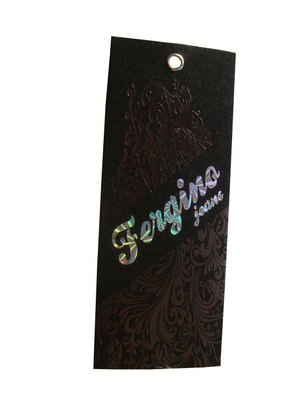 comprare Le etichette di carta nere personali dell'oscillazione del costume su ordinazione hanno inciso il logo olografico online manufacture